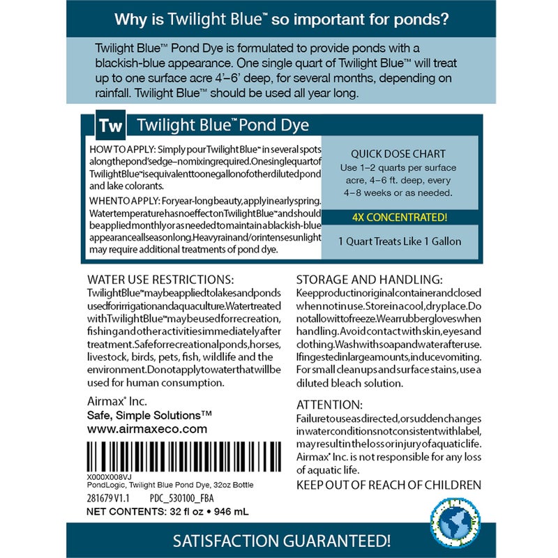Airmax Twilight Blue Pond Dye 4X Concentrate for Outdoor Ponds & Lakes, Natural Pond Colorant & Beauty Enhancer, Block Ultraviolet Rays, Fish, Bird & Livestock Safe, Easy Liquid Application,1 Quart - Image 2